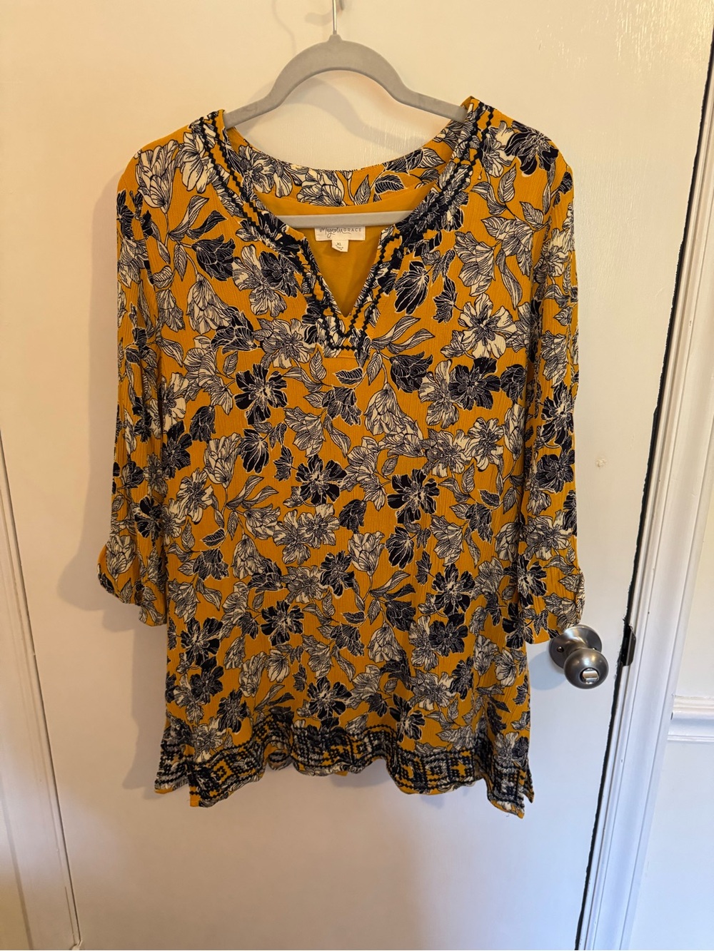 Mustard Floral V-Neck Tunic Top with Navy Accent